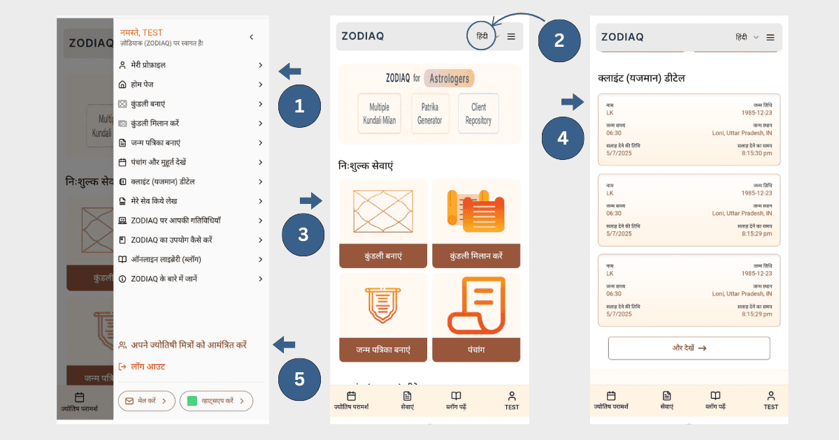 Introduction to the ZODIAQ homepage (mobile view) - Points 1 to 5