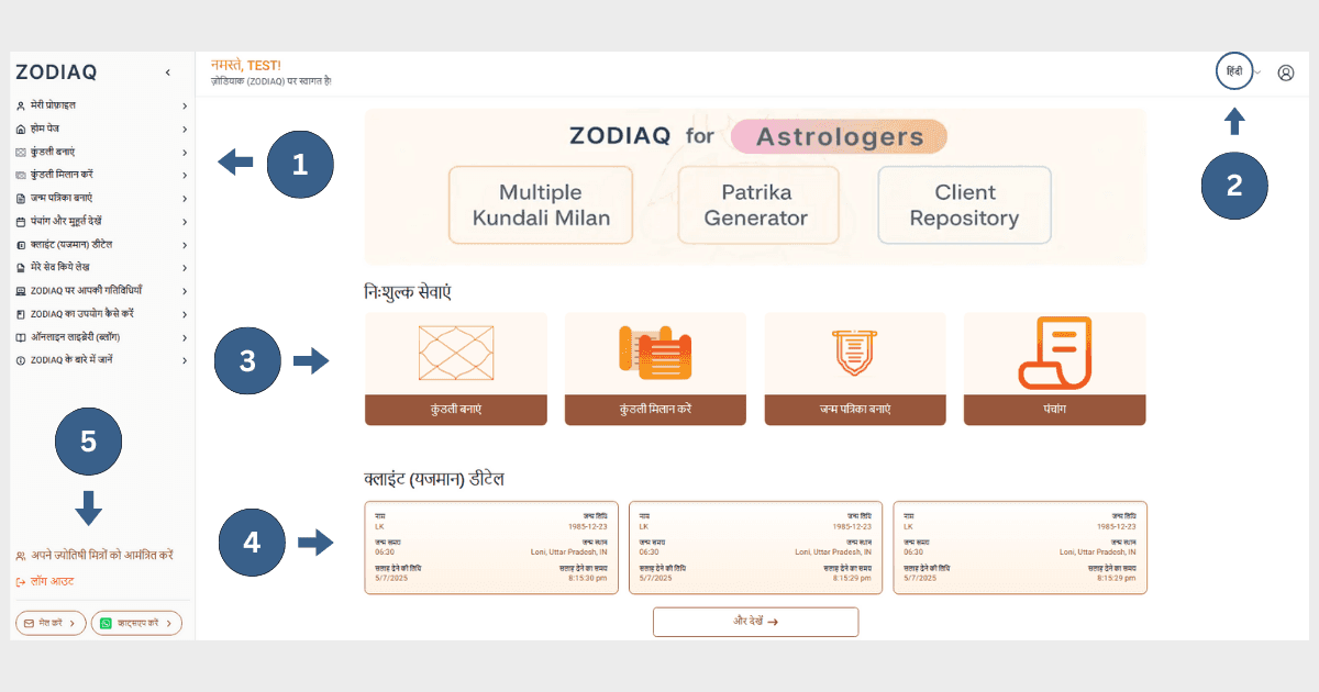 Introduction to the ZODIAQ homepage (desktop view) - Points 1 to 5