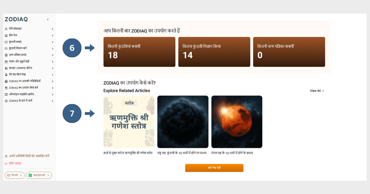 Introduction to the ZODIAQ homepage (desktop view) - Points 6,7