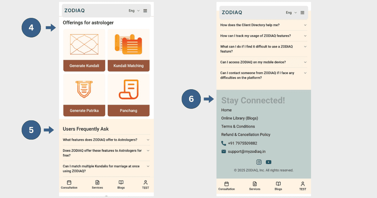 Offerings for Astrologers, Frequently Asked Questions (FAQs), Stay Connected (mobile version)