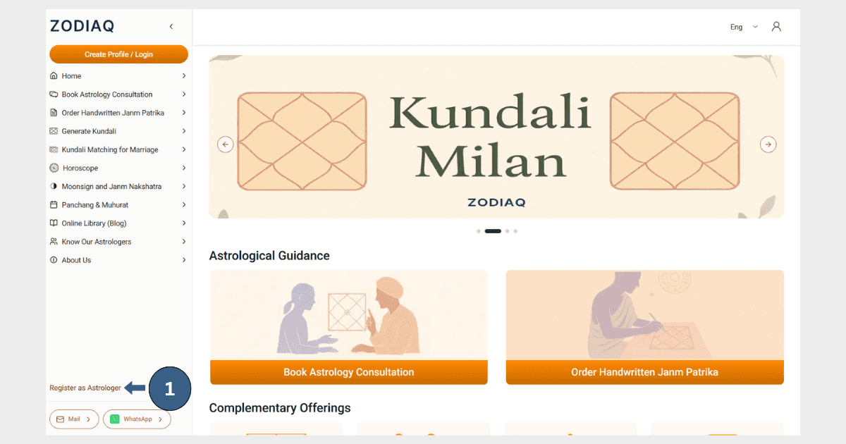 Locating Register as Astrologer menu bar on Website