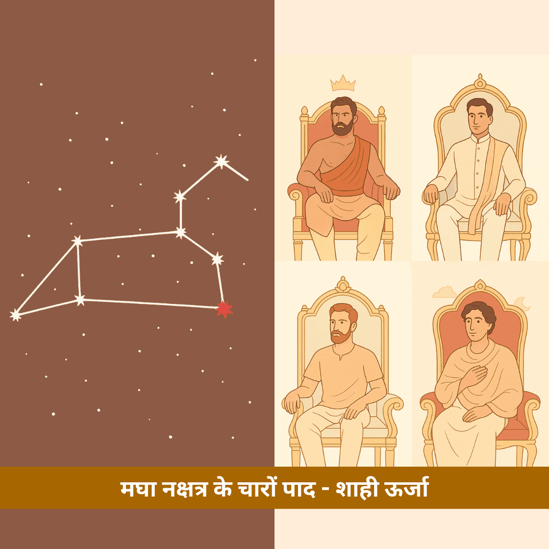 मघा नक्षत्र के चारों पाद - शाही ऊर्जा, पूर्वजों का आशीर्वाद और जीवन के विविध रंग