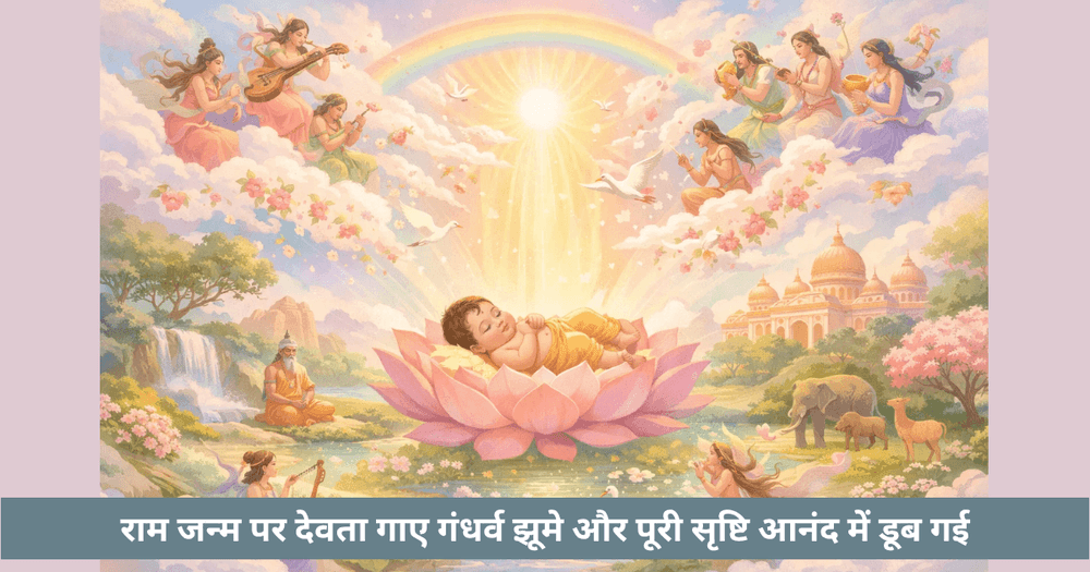 राम के जन्म पर देवताओं और गंधर्वों का उत्सव