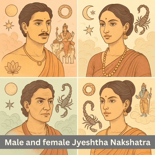 What are the detailed characteristics and journey of male and female Jyeshtha Nakshatra natives?