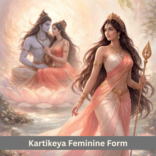 Kartikeya’s Feminine Transformation Near Shiva and Shakti
